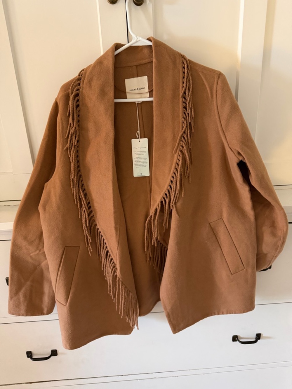 Thread & Supply Fringed Open-Front Jacket in Camel Brown